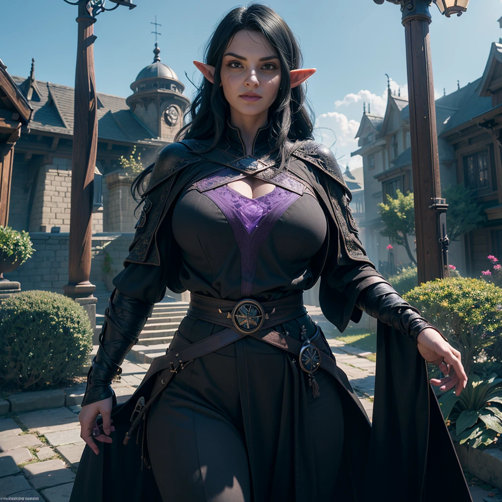 ((Best quality)), ((masterpiece)), (detailed: 1.4), 3D, (half-elf sorceress), (black hair, purple eyes:1.5, pale brown skin), (black robe, purple sleeves, grey pants, black boots and black armbands), (huge , big booty, short, curvy), (heavy gothic makeup), HDR (High Dynamic Range),Ray Tracing,NVIDIA RTX,Super-Resolution,Unreal 5,Subsurface dispersion, PBR texture, Post-processing, Anisotropic filtering, Depth of field, Maximum clarity and sharpness, Multilayer textures, Albedo and specular maps, Surface shading, Accurate simulation of light-material interaction, Perfect proportions, Octane Render, Two-tone lighting,Wide aperture,Low ISO,White balance,Rule of thirds,8K RAW,