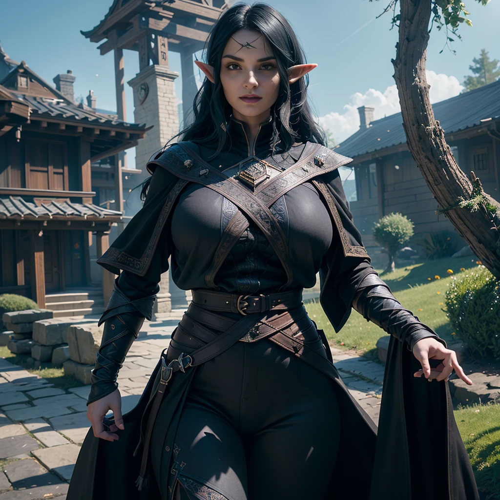 ((Best quality)), ((masterpiece)), (detailed: 1.4), 3D, (half-elf sorceress), (black hair, purple eyes:1.5, pale brown skin), (black robe, purple sleeves, grey pants, black boots and black armbands), (huge , big booty, short, curvy), (heavy gothic makeup), HDR (High Dynamic Range),Ray Tracing,NVIDIA RTX,Super-Resolution,Unreal 5,Subsurface dispersion, PBR texture, Post-processing, Anisotropic filtering, Depth of field, Maximum clarity and sharpness, Multilayer textures, Albedo and specular maps, Surface shading, Accurate simulation of light-material interaction, Perfect proportions, Octane Render, Two-tone lighting,Wide aperture,Low ISO,White balance,Rule of thirds,8K RAW,