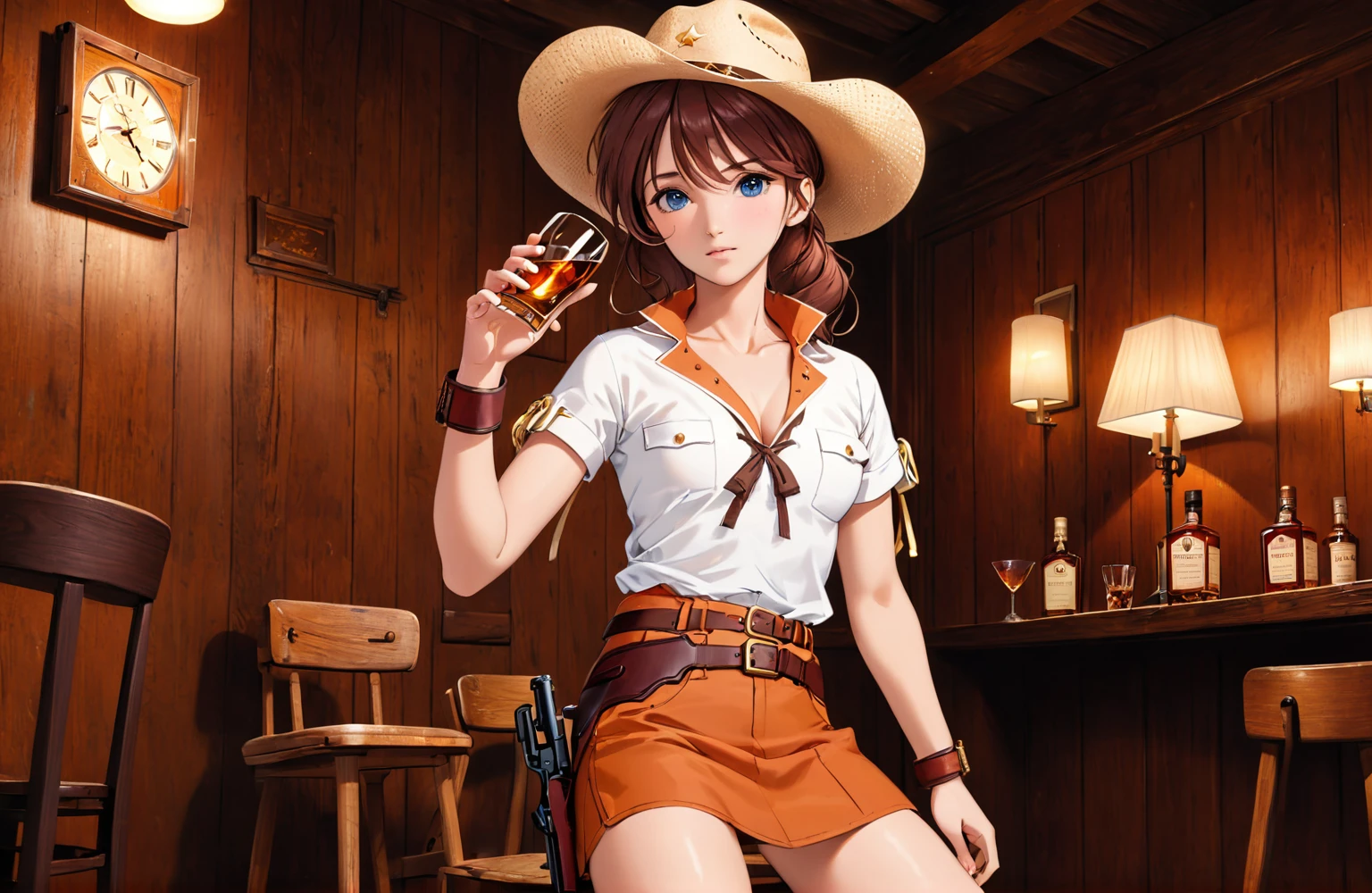 (((1 girl:2.5))),((Gemini.Sunrise:1.0)))(((Wearing a gun belt with a holster:1.8))),,((Wear a wrist watch:1.5))),(((Showing cleavage))),(((Exposed thin inner thighs))),(((Small breasts:1.5))),(((Bare arms))),(((Wearing boots:1.5))),((Blushed face:1.8)), Beautiful detailed girl, Very detailed目と顔, 緻密でBeautiful Eyes, Very detailed, High resolution, Highest quality, masterpiece, Very detailed, 8k wallpaper, wonderful, finely, Highest quality,(Standing in front of a wooden wall),Beautiful Eyes,((Engage your audience:1.5)),((Cowboy Shot:1.5))),((Front shot:1.2)),((Put your right hand on your chest:1.5)),((Drinking whiskey:1.4)),(((Drunk,Severe hiccups:1.9))),(((Straddling a chair:1.2)))