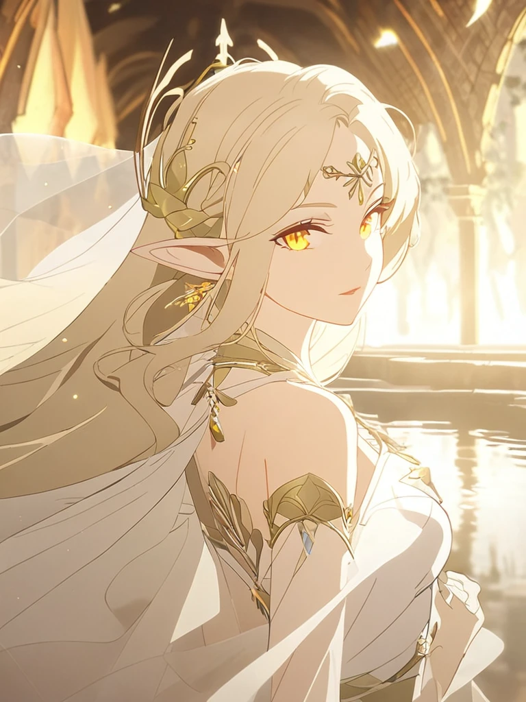 1woman, exquisite, artistic, elven, white princess, glowing yellow eyes, white blonde hair, elegant, arknight costume,