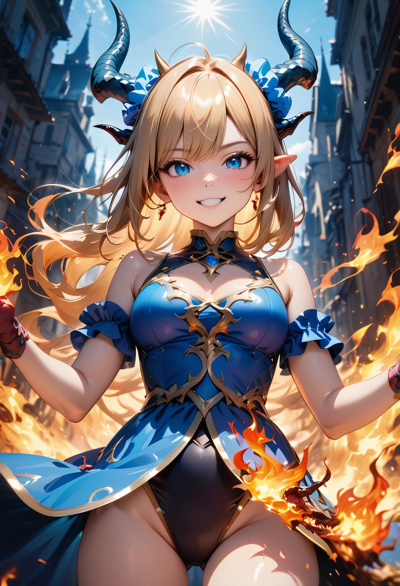 ((dragon girl, cosplay, dragon horns)),blonde hair,Side ponytail,hair scrunchie,hair ornament,blue scrunchie,Swept bangs,blue eyes,10 heads tall,nice hands,perfect hands,perfect body,evil smile,flame,spirit,outside,lens flare,set fire to,cowboy_shot,dynamic_angle,from_below,depth of field,chromatic_aberration,masterpiece,best quality,very aesthetic,absurdres,newest,ai-generated,realistic,