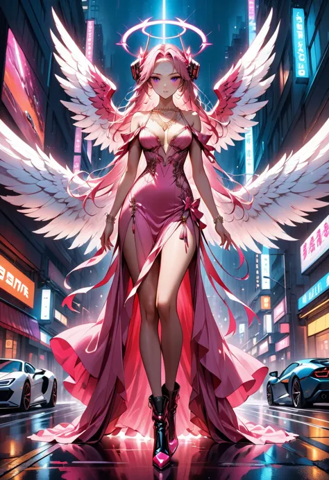 arafed a picture of a mech cyberpunk female angel standing in at the street at night near her sports car, night, an  exquisite b...