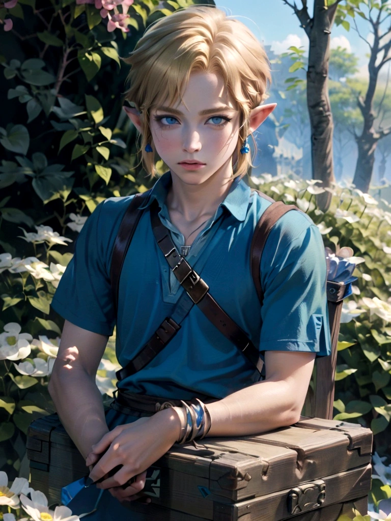 ((work of art)), (best quality), (detailed), ((1 boy)), (link to the legend of zelda), gazing at viewer, Short blonde hair, blue eyes, spring time, bright coloured