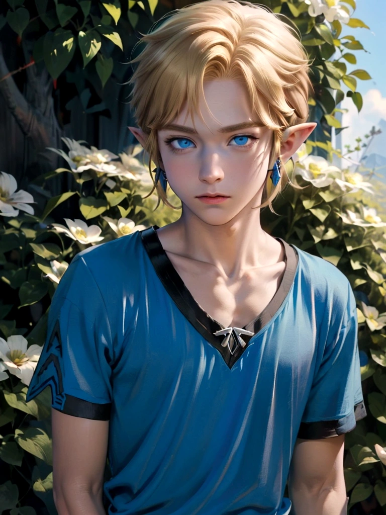 ((work of art)), (best quality), (detailed), ((1 boy)), (link to the legend of zelda), gazing at viewer, Short blonde hair, blue eyes, spring time, bright coloured