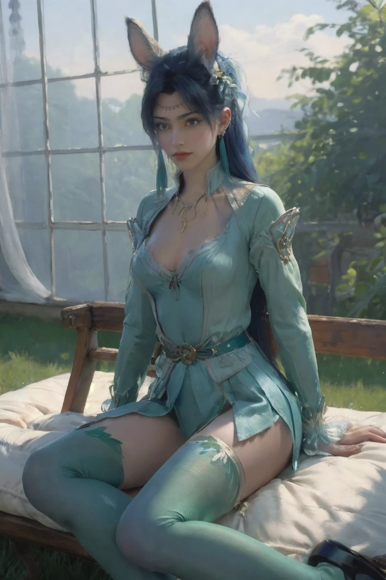 best quality, High resolution, Unique image, 1 girl, Animal ears, armpit, Put your arms behind your head, Bangs, bare shoulders, blue footwear, blue hair, blue tights, braid, Chest, brown lift your legs, shut your mouth, bench, cover navel, curtain, Split collar, earrings, Eyebrows visible through hair, fake Animal ears, fake Tail, garters, gradient hair, green eyes, High heel, high legs, high legs tights, huge Chest, jewelry, large Chest, tights, light blush, looking at the audience, messy hair, colorful hair, on bench, Pillow, a playboy bunny, Rabbit ears, rabbit Tail, short hair, side lock, sitting, alone, swept Bangs, Tail, lift your legs, change through