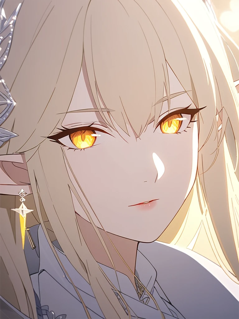 1woman, exquisite, artistic, elven, arknight white princess, glowing yellow eyes, white blonde hair, elegant, arknight outfits,