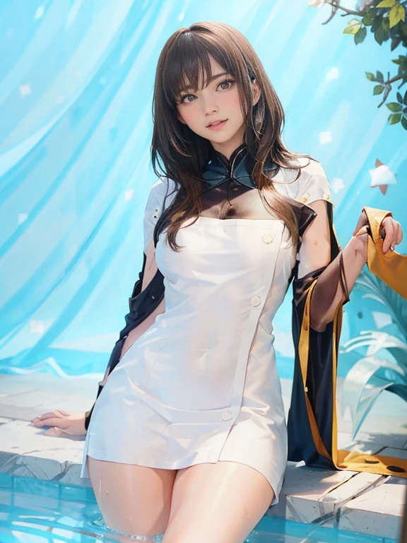 1girl, arm support, bangs, blunt bangs, blush, breasts, brown hair, cleavage, collarbone, covered navel, hair between eyes, hair down, hand between legs, looking at viewer, naked towel, onsen, sitting, thighs, towel, water, wet, blurry, dutch angle, UHD, anatomically correct, textured skin