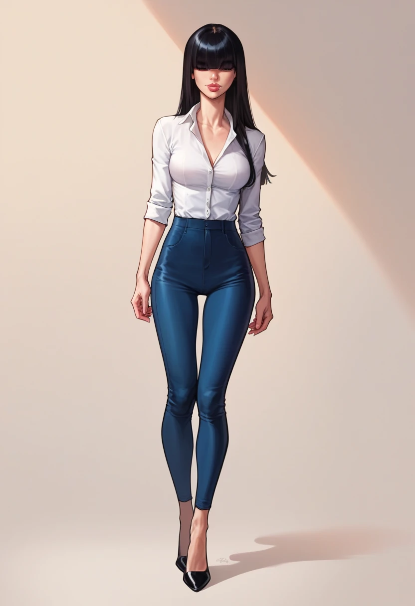 score_9, score_8_up, score_7_up, score_6_up, detailed art of a woman, pale, smooth skin, hair over both eyes, long straight black hair, blunt bangs, full lips, slender physique, white office shirt, blue pants, black heels, centered
