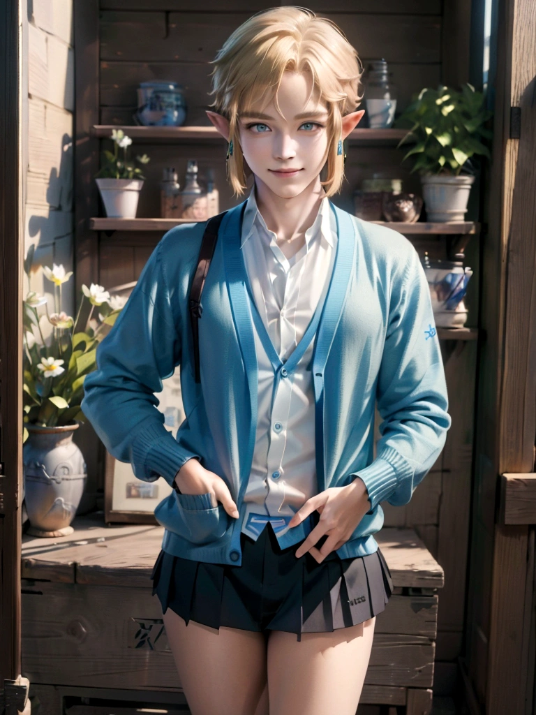 ((work of art)), (best quality), (detailed), ((1 boy)), (link to the legend of zelda), gazing at viewer, Short blonde hair, blue eyes, smile, (cardigan + micro miniskirt uniform), spring time, bright coloured