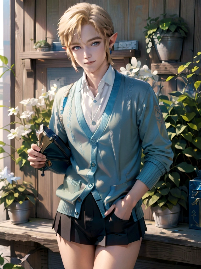 ((work of art)), (best quality), (detailed), ((1 boy)), (link to the legend of zelda), gazing at viewer, Short blonde hair, blue eyes, smile, (cardigan + micro miniskirt uniform), spring time, bright coloured