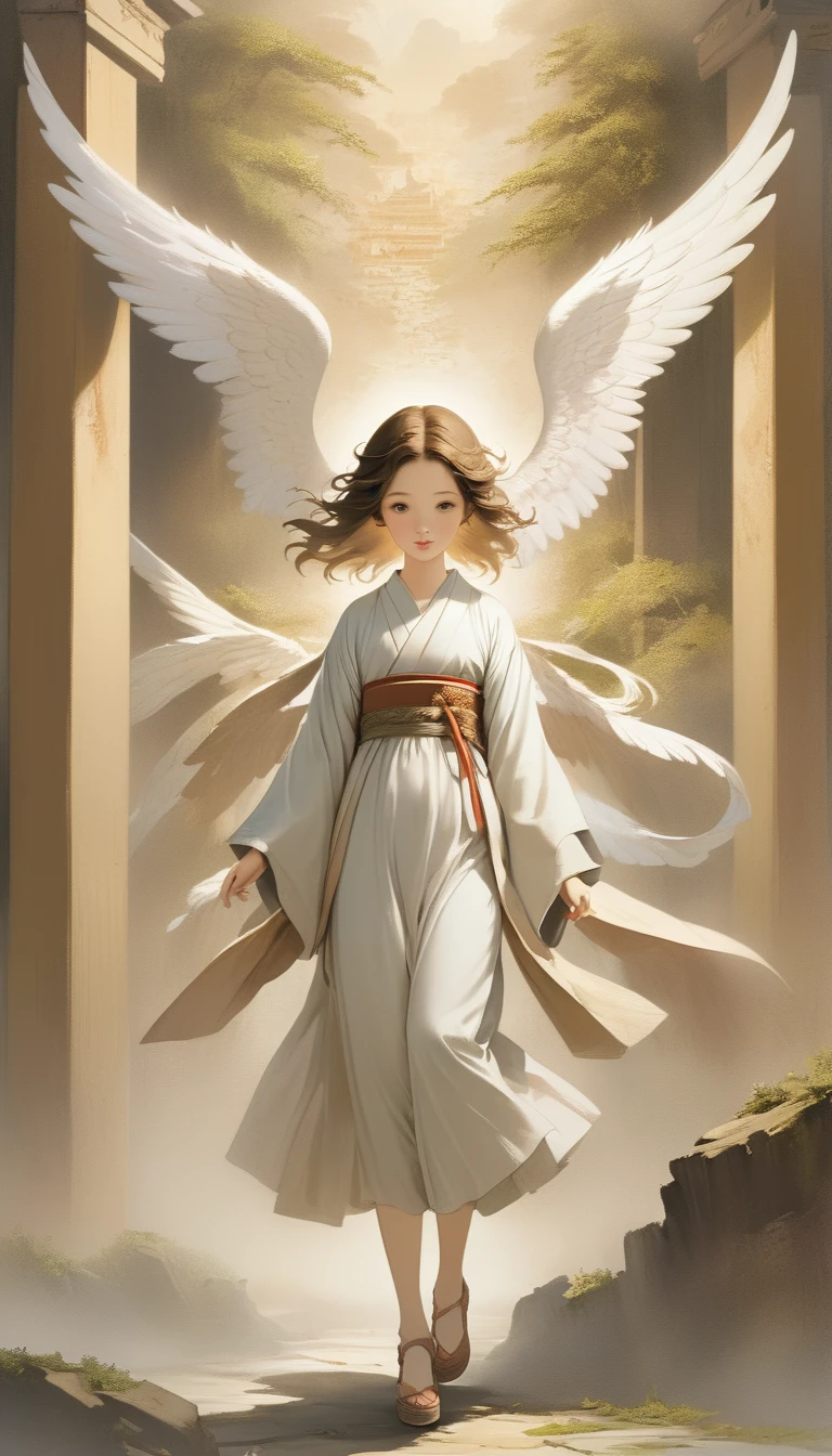 (masterpiece), (High resolution), (Very delicate), (masterpiece: 1.2, Highest quality),Ancient murals、Angel Descends from the Sky、Weathered mural、monochromatic、Angel descending to earth、Paradise、Beautiful woman leading to heaven、Cute face、Expressionless、 scribble, Doll-like face, Manga Style, rough sketch, Manga Styleイラスト, Japanese painting, whole body, Flat Illustration, Creepy Appearance, Unique atmosphere、