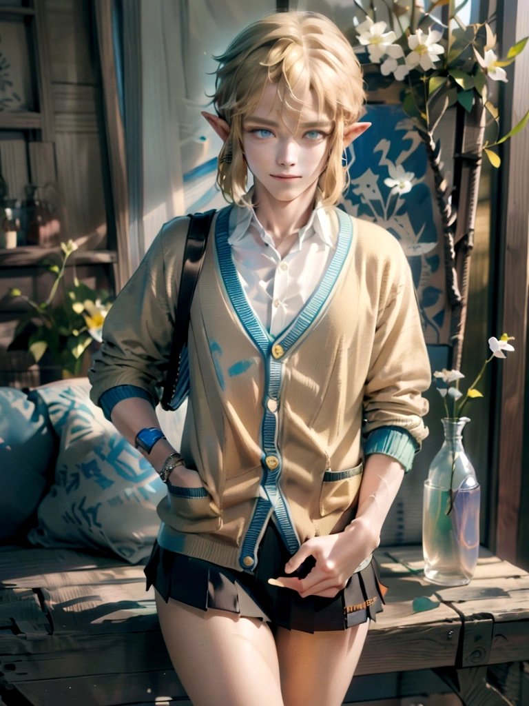 ((work of art)), (best quality), (detailed), ((1 boy)), (link to the legend of zelda), gazing at viewer, Short blonde hair, blue eyes, smile, (yelliw cardigan + micro miniskirt uniform), spring time, bright coloured