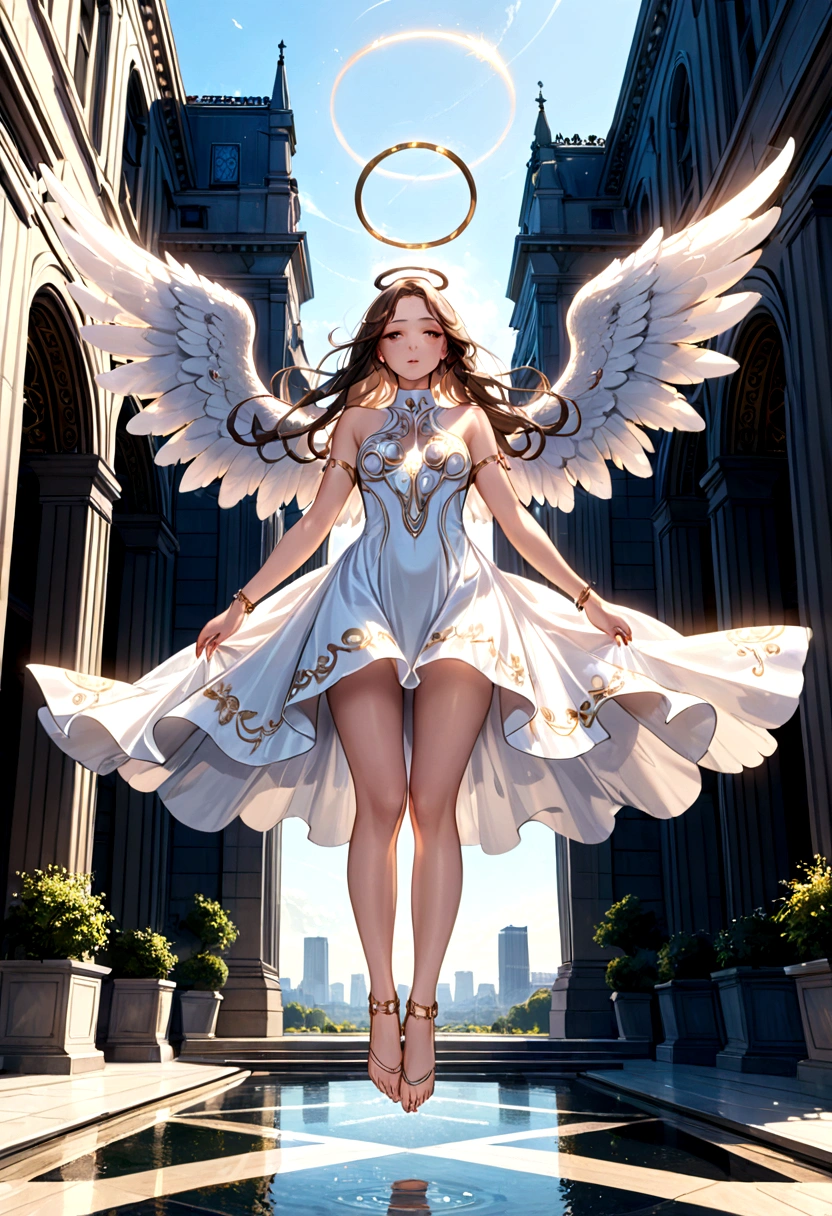 beautiful Angel, Wearing a gorgeous dress that covers the whole body, luxurly gawn,Floating in the air, angel wings, (angel ring:1.3), outdoor, detailed face, detailed eyes, detailed lips, detailed nose, detailed foot, full body shot, giga_busty