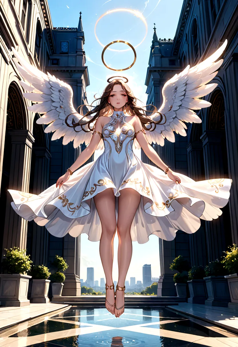 beautiful Angel, Wearing a gorgeous dress that covers the whole body, luxurly gawn,Floating in the air, angel wings, (angel ring...