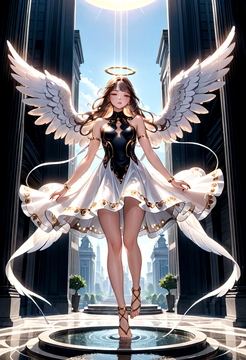 beautiful Angel, Wearing a gorgeous dress that covers the whole body, luxurly gawn,Floating in the air, angel wings, (angel ring:1.3), outdoor, detailed face, detailed eyes, detailed lips, detailed nose, detailed foot, full body shot, giga_busty