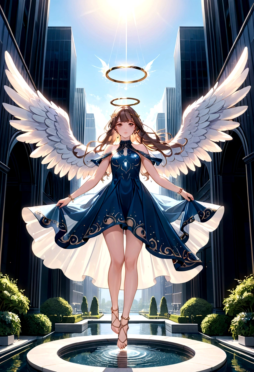 beautiful Angel, Wearing a gorgeous dress that covers the whole body, luxurly gawn,Floating in the air, angel wings, (angel ring:1.3), outdoor, detailed face, detailed eyes, detailed lips, detailed nose, detailed foot, full body shot, giga_busty