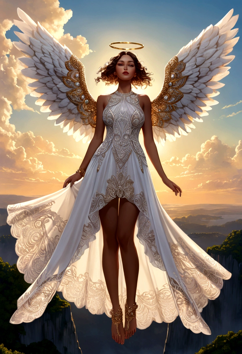 beautiful Angel, Wearing a gorgeous dress that covers the whole body, luxurly gawn,Floating in the air, angel wings, (angel ring:1.3), outdoor, detailed face, detailed eyes, detailed lips, detailed nose, detailed foot, full body shot, giga_busty