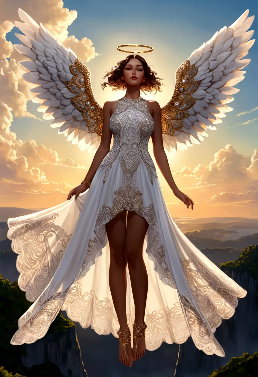 beautiful Angel, Wearing a gorgeous dress that covers the whole body, luxurly gawn,Floating in the air, angel wings, (angel ring...