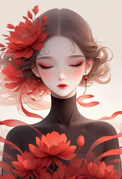 (masterpiece, best quality:1.2), 1 girl, solitary,Pretty Face，Red Fatism Art Nouveau，Illustration style，Black and red，Flowers