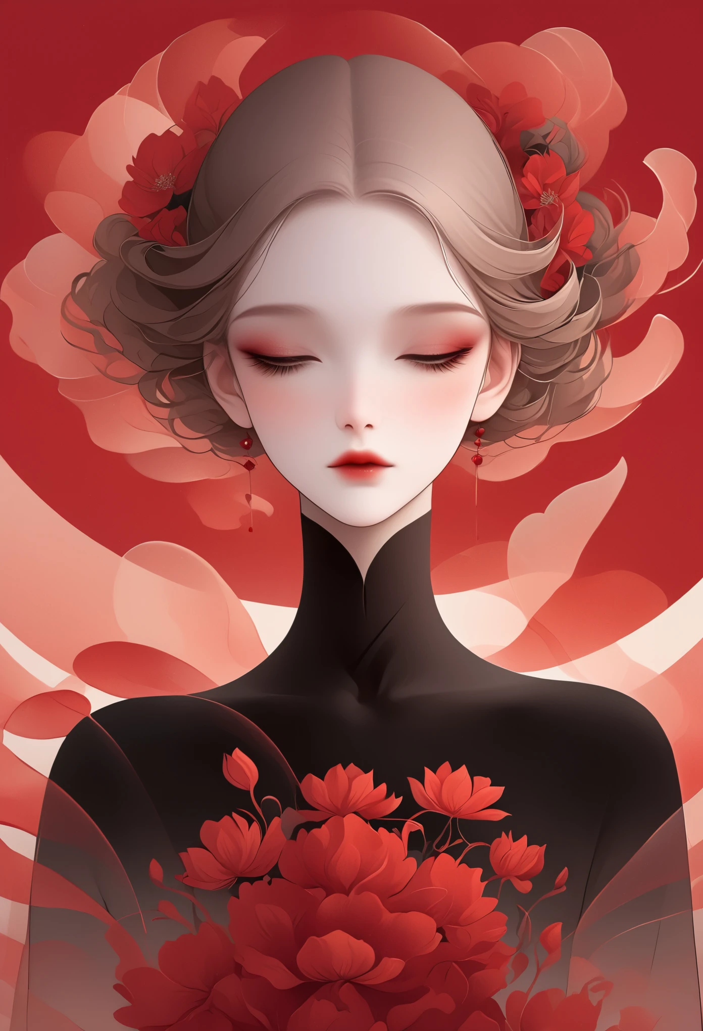 (masterpiece, best quality:1.2), 1 girl, solitary,Pretty Face，Red Fatism Art Nouveau，Illustration style，Black and red，Flowers