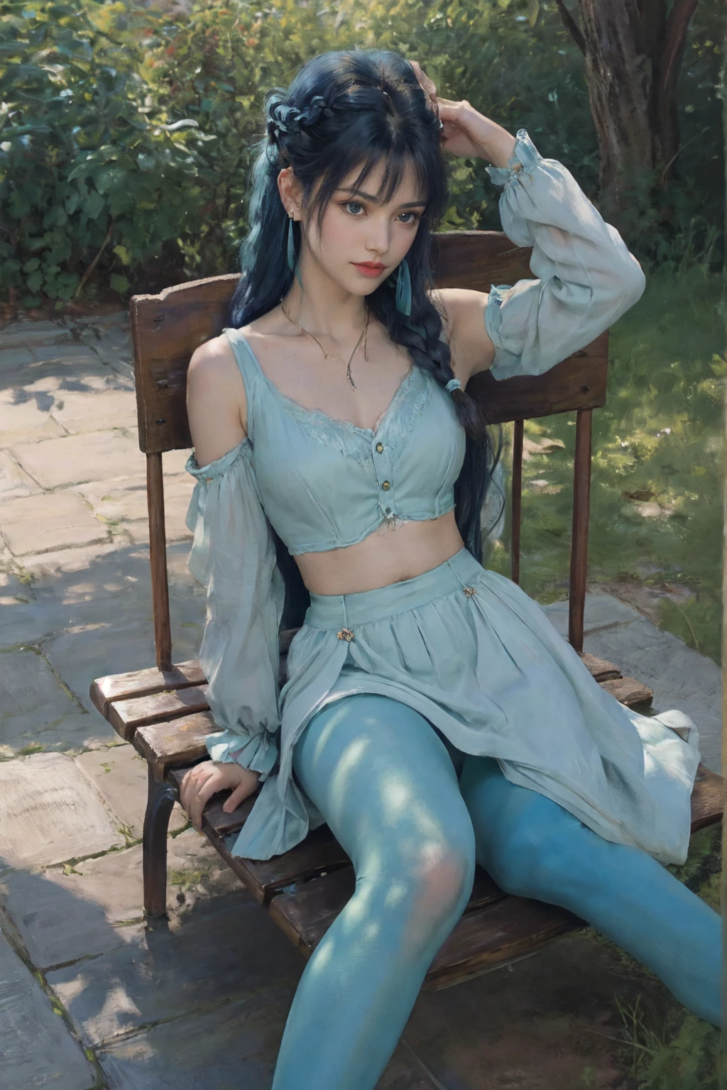 best quality, High resolution, Unique image, 1 girl,  armpit, Put your arms behind your head, Bangs, bare shoulders, blue footwear, blue hair, blue tights, braid, Chest, brown lift your legs, shut your mouth, bench, cover navel, curtain, Split collar, earrings, Eyebrows visible through hair, fake Animal ears, gradient hair, green eyes, High heel, high legs, high legs tights, huge Chest, jewelry, large Chest, tights, light blush, looking at the audience, messy hair, colorful hair, on bench, Pillow, short hair, side lock, sitting, alone, swept Bangs, lift your legs, change through