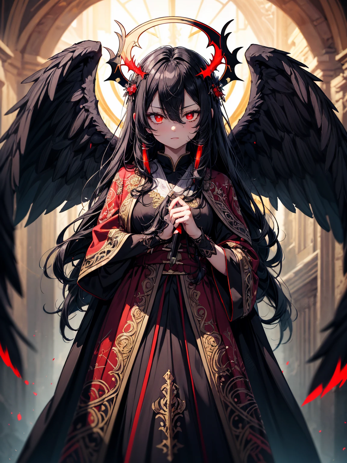 masterpiece, best quality, lineart, anime screencap, sketch, (1girl), black hair, long hair, (red eyes, red glowing eyes:1.4), bright pupils, sparkling eyes, solo, (black ornate robes, black embroidered clothes:1.4), (black wings, black angel wings, black glowing wings with red highlights:1.5), standing, looking at viewer, fire embers, scenery, outdoors, day time, bokeh, blurry background, 200mm lens, angel_wings, angel,