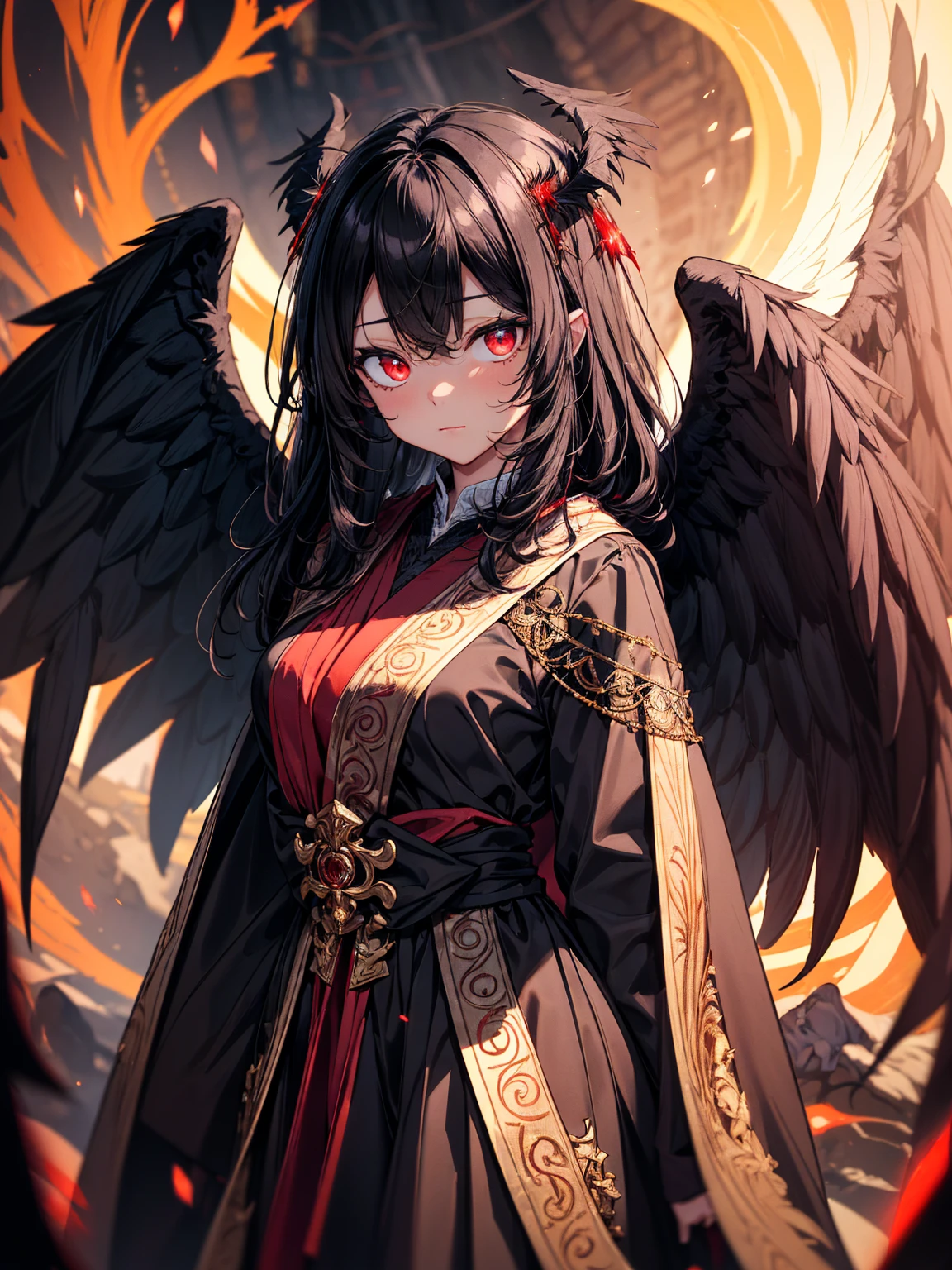 masterpiece, best quality, lineart, anime screencap, sketch, (1girl), black hair, long hair, (red eyes, red glowing eyes:1.4), bright pupils, sparkling eyes, solo, (black ornate robes, black embroidered clothes:1.4), (black wings, black angel wings, black glowing wings with red highlights:1.5), standing, looking at viewer, fire embers, scenery, outdoors, day time, bokeh, blurry background, 200mm lens, angel_wings, angel,