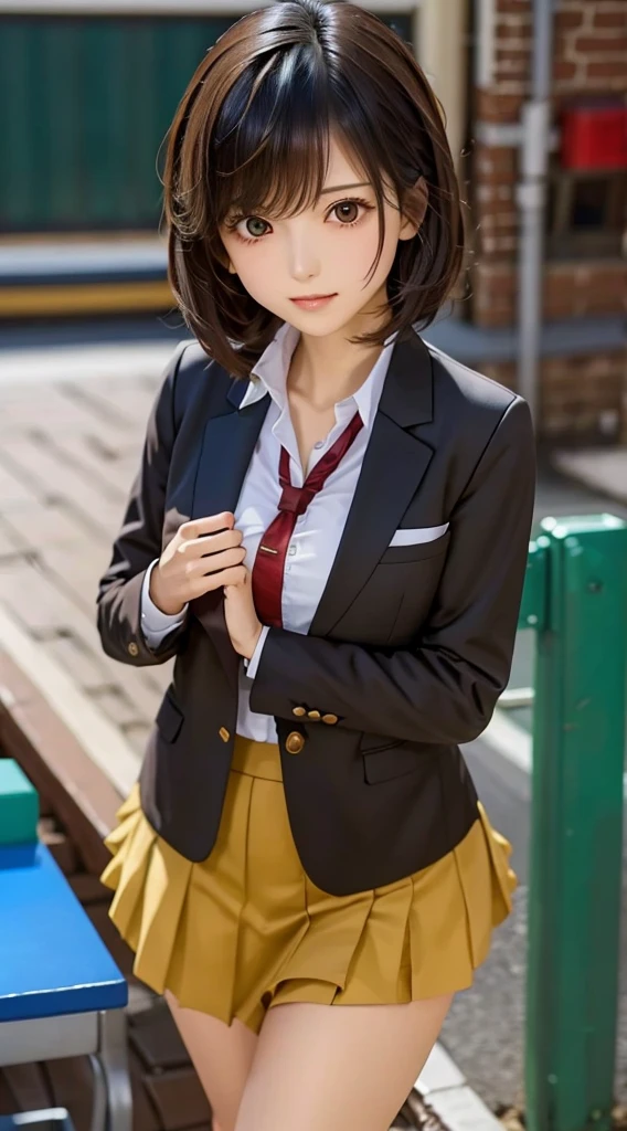 ((Highest quality)), ((Tabletop)), (detailed), Perfect Face　detailedな顔　Cleavage　Young girl　length, Thick black hair　 Blunt bangs　School Background　standing　Student Council President　blazer　mini skirt　Wear a uniform