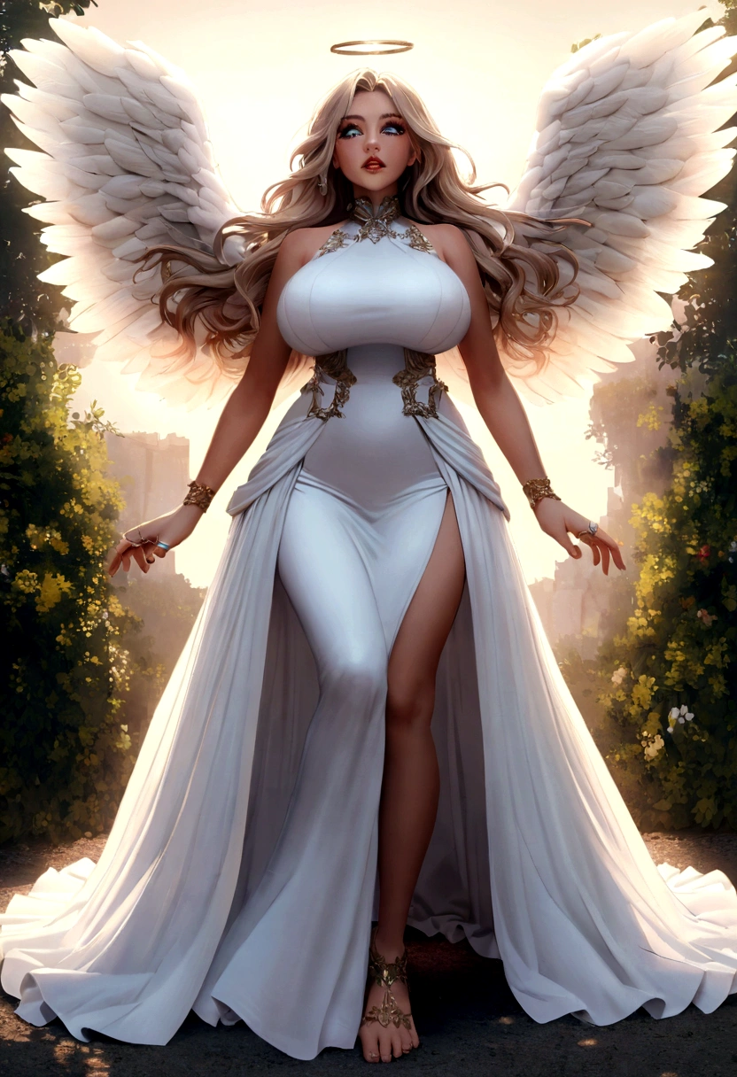 beautiful busty Angel, Wearing a gorgeous dress that covers the whole body, luxurly gawn,Floating in the air, angel wings, (angel ring:1.3), outdoor, detailed face, detailed eyes, detailed lips, detailed nose, detailed foot, full body shot, giga_busty