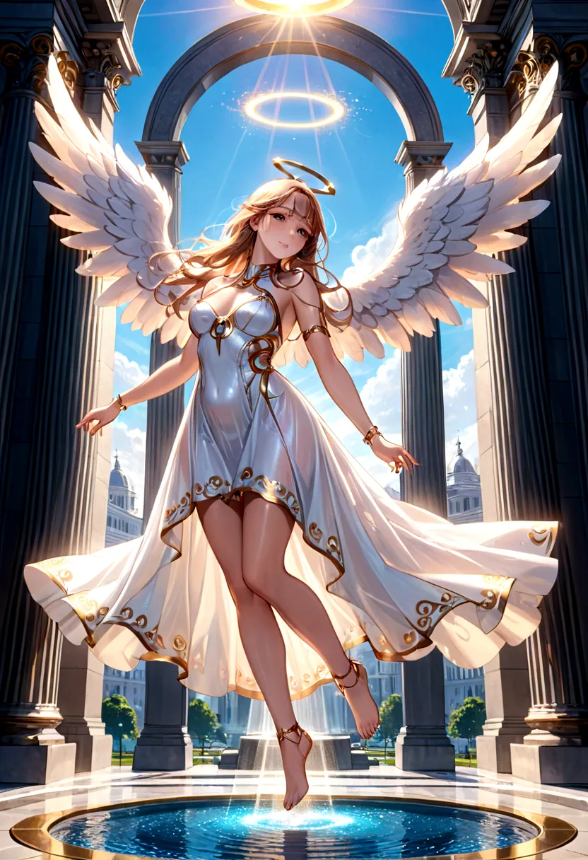 beautiful busty Angel, Wearing a gorgeous dress that covers the whole body, luxurly gawn,Floating in the air, angel wings, (ange...