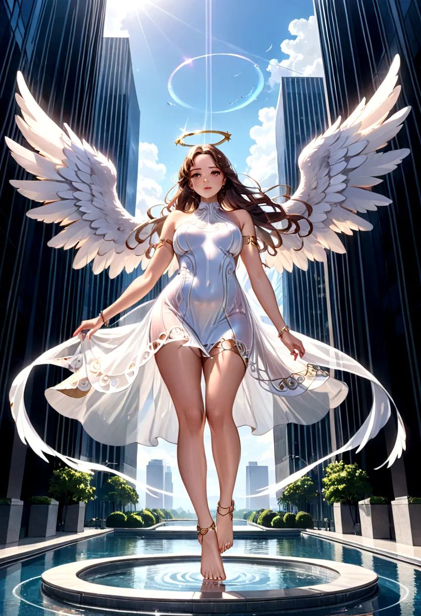 beautiful busty Angel, Wearing a gorgeous dress that covers the whole body, luxurly gawn,Floating in the air, angel wings, (ange...
