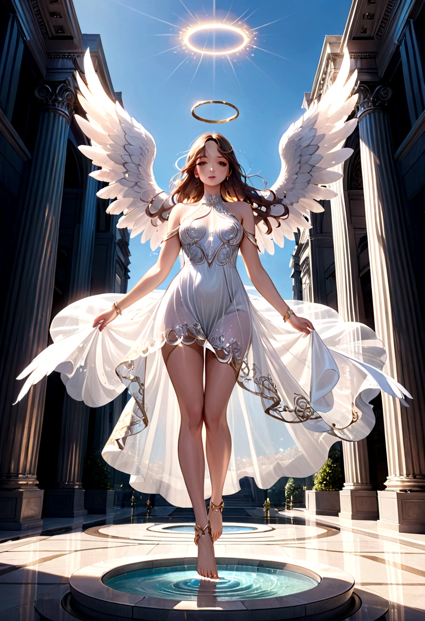 beautiful busty Angel, Wearing a gorgeous dress that covers the whole body, luxurly gawn,Floating in the air, angel wings, (angel ring:1.3), outdoor, detailed face, detailed eyes, detailed lips, detailed nose, detailed foot, full body shot, giga_busty