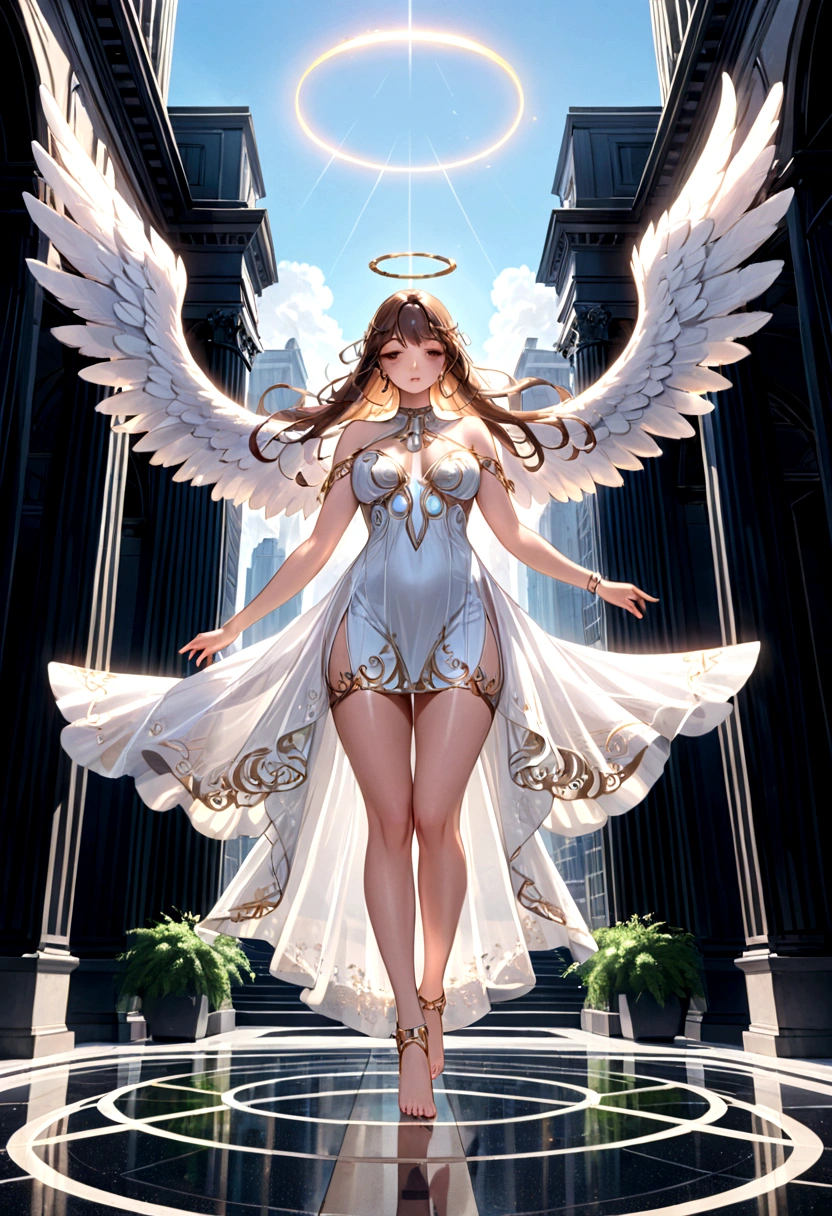 beautiful busty Angel, Wearing a gorgeous dress that covers the whole body, luxurly gawn,Floating in the air, angel wings, (angel ring:1.3), outdoor, detailed face, detailed eyes, detailed lips, detailed nose, detailed foot, full body shot, giga_busty