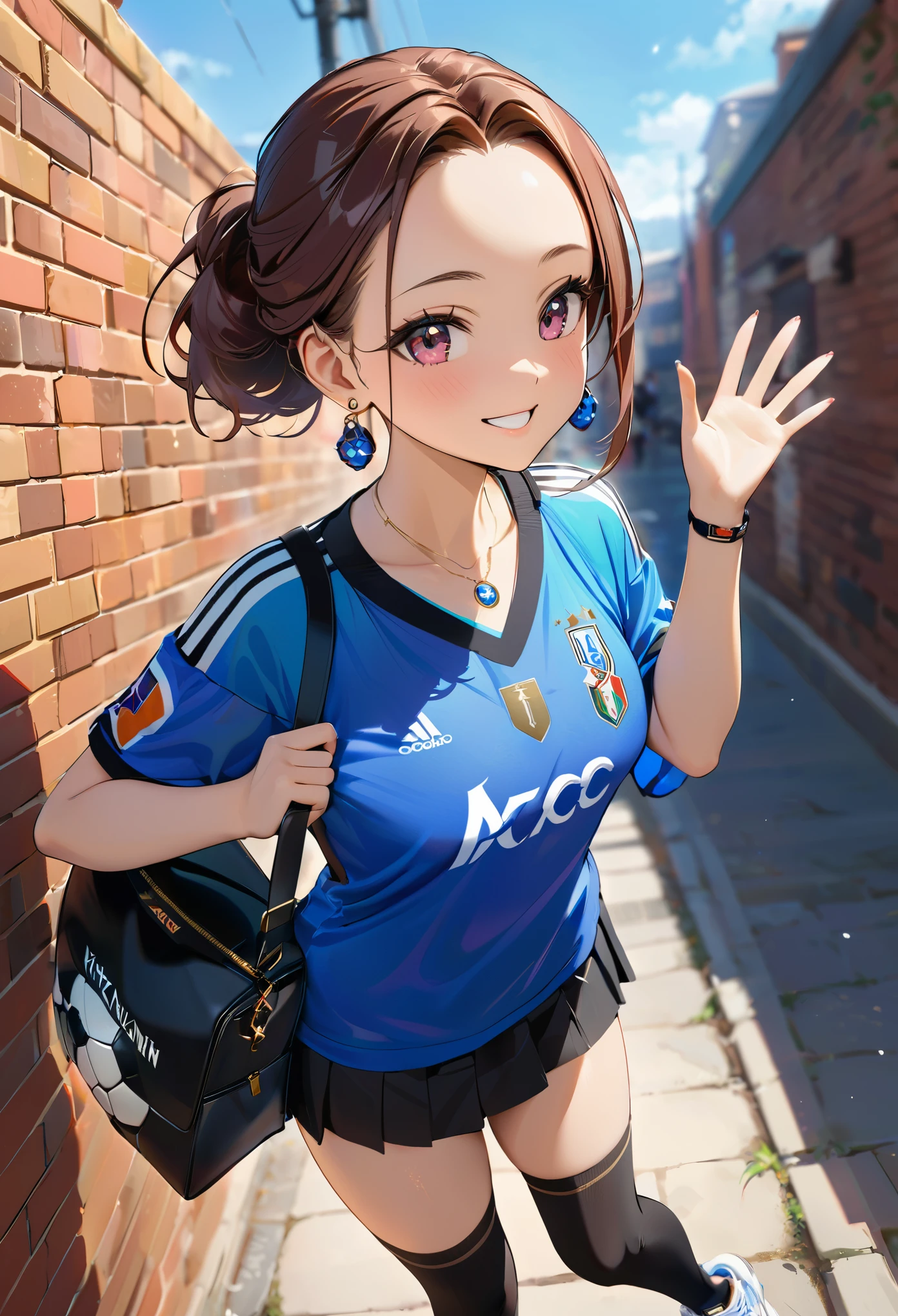 1girl,earrings,half updo,forehead,necklace,looking side,smile,waving,black pleated skirt,kneehighs,sneakers,oversized colorfully soccer jersey,a luxury brand shoulder bag,stand against the brick wall,dynamic_angle,contour_deepening,depth of field,masterpiece,best quality,