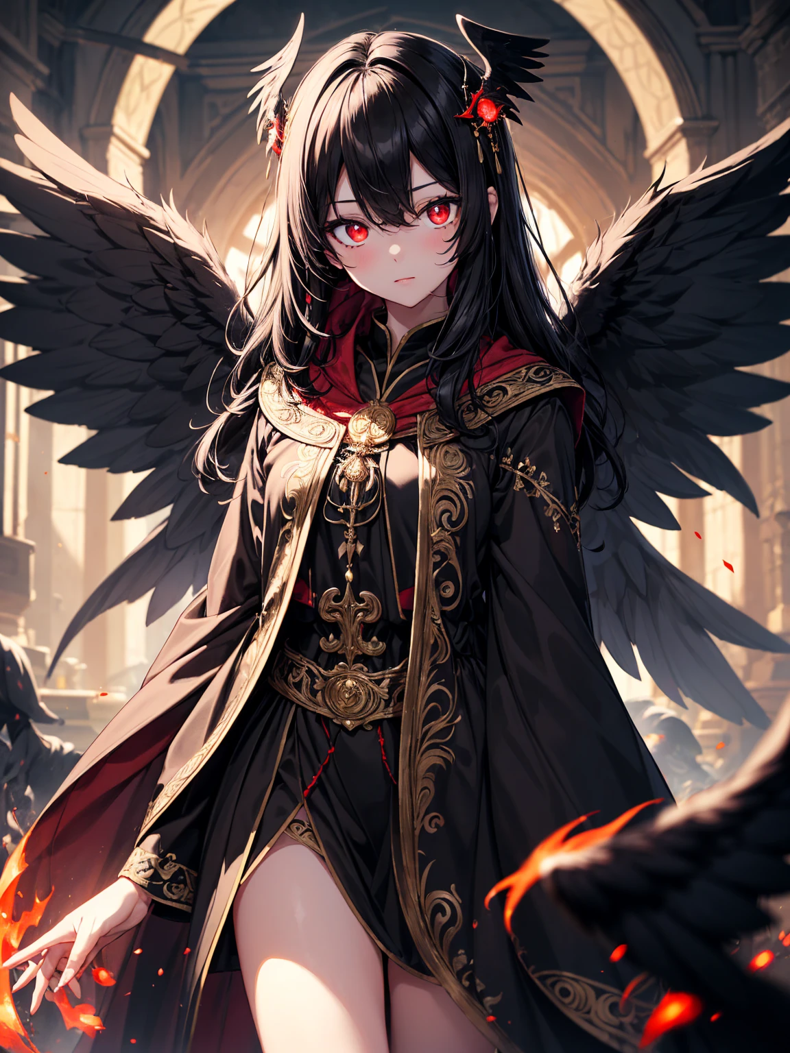 masterpiece, best quality, lineart, anime screencap, sketch, (1girl), black hair, long hair, (red eyes, red glowing eyes:1.4), bright pupils, sparkling eyes, solo, (black ornate robes, black embroidered clothes:1.4), (black wings, black angel wings, black glowing wings with red highlights:1.5), standing, looking at viewer, fire embers, scenery, outdoors, day time, bokeh, blurry background, 200mm lens, angel_wings, angel,