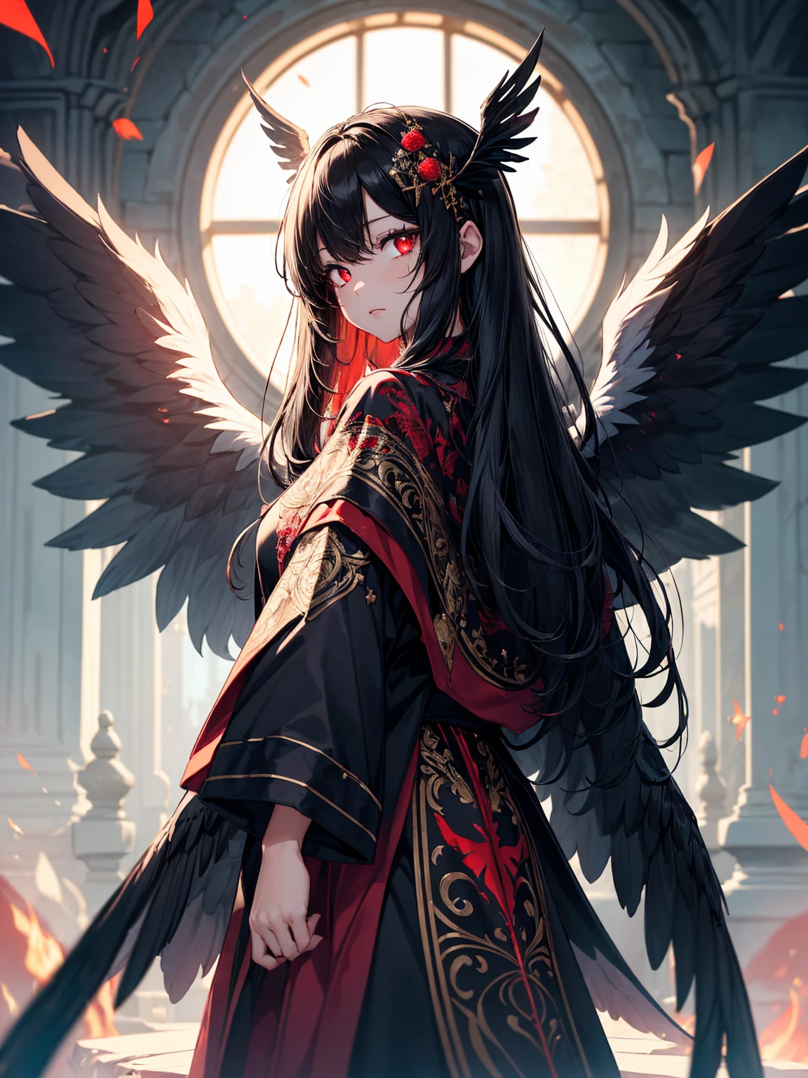 masterpiece, best quality, lineart, anime screencap, sketch, (1girl), black hair, long hair, (red eyes, red glowing eyes:1.4), bright pupils, sparkling eyes, solo, (black ornate robes, black embroidered clothes:1.4), (black wings, black angel wings, black glowing wings with red highlights:1.5), standing, looking at viewer, fire embers, scenery, outdoors, day time, bokeh, blurry background, 200mm lens, angel_wings, angel,