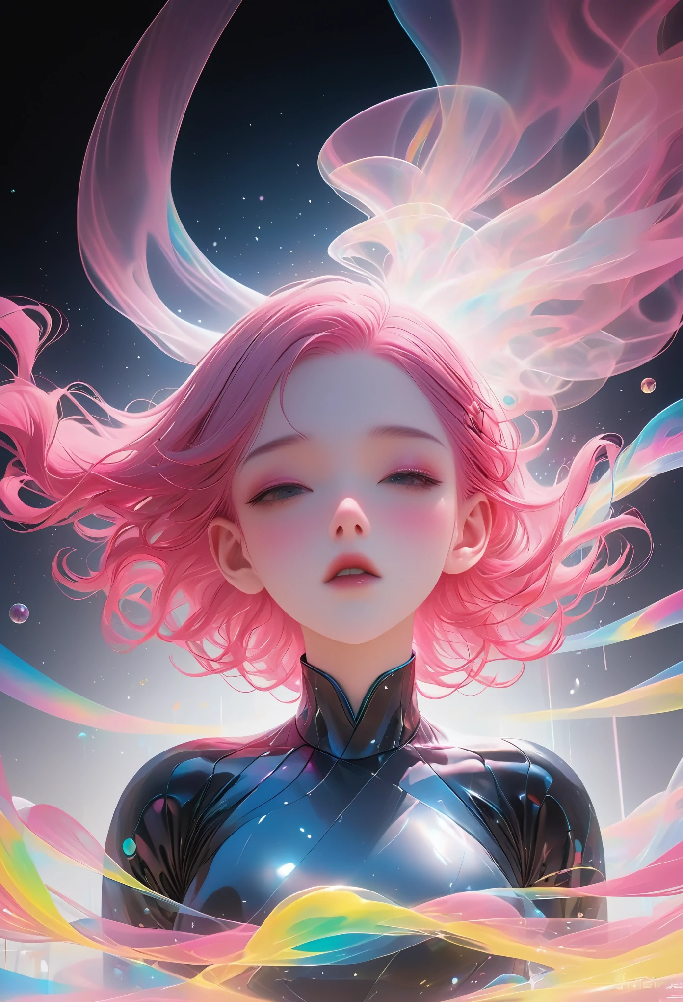 Cyberpunk, Pink Hair, Futurism, Surreal, Ultra wide angle, Wide-angle lens, look up, Dynamic Movement, Expressive, Full of energy, The Sacred Edge, Laser holographic images
