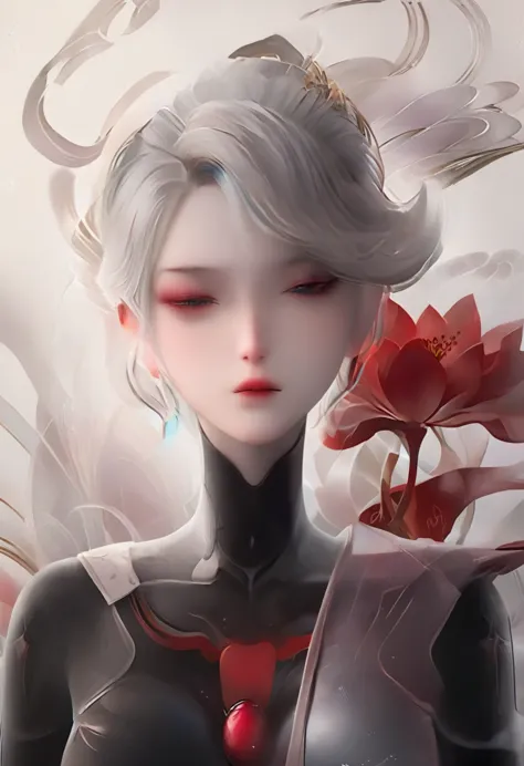 (masterpiece, best quality:1.2), 1 girl, solitary,Pretty Face，Red Fatism Art Nouveau，Illustration style，Black and red，Flowers


