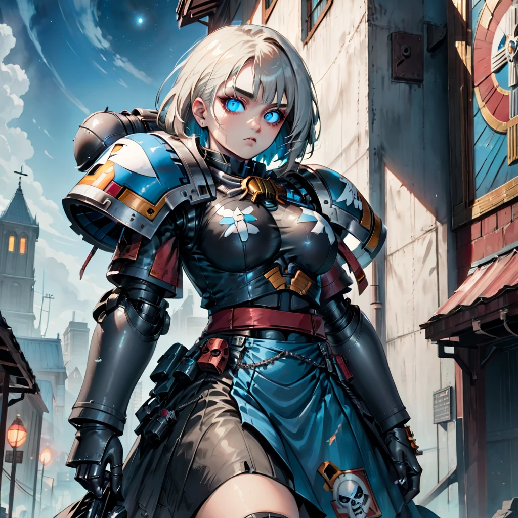 Um bonito ((Mulher Madura)), (adepta sororita)  do universo Warhammer 40k. Ela tem cabelos loiros prateados e olhos azul-celeste, adornado com uma armadura poderosa com texturas metálicas em azul e cinza, complementado por tecido de látex semelhante a uma saia. Retrato. Nivél dos olhos. fundo: Um ambiente inspirado em Warhammer 40k com arquitetura gótica e cenário celestial. ((Estilo-Anime)). Light Iluminação dramática para acentuar as texturas metálicas. (rosto extremamente detalhado), melhor qualidade, obra de arte, Ultra-detalhado, 8K.