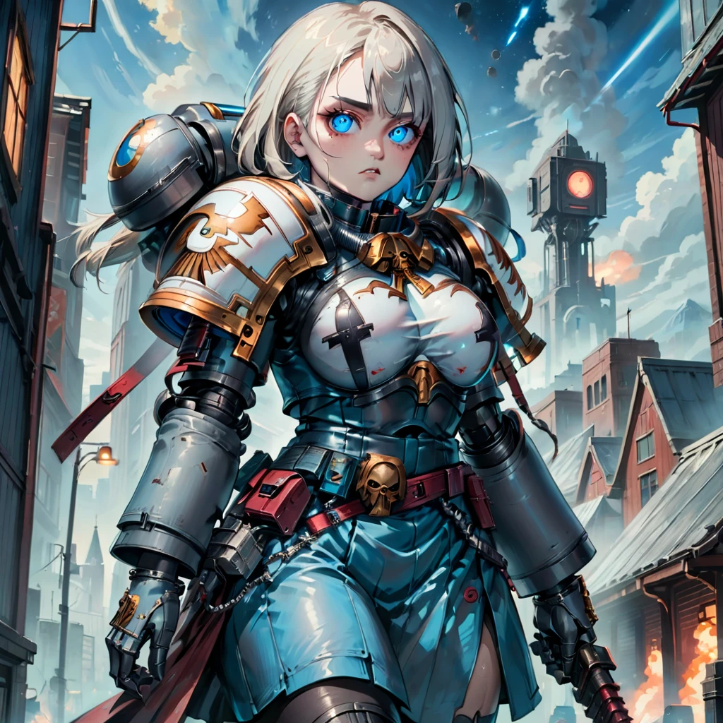 Um bonito ((Mulher Madura)), (adepta sororita)  do universo Warhammer 40k. Ela tem cabelos loiros prateados e olhos azul-celeste, adornado com uma armadura poderosa com texturas metálicas em azul e cinza, complementado por tecido de látex semelhante a uma saia. Retrato. Nivél dos olhos. fundo: Um ambiente inspirado em Warhammer 40k com arquitetura gótica e cenário celestial. ((Estilo-Anime)). Light Iluminação dramática para acentuar as texturas metálicas. (rosto extremamente detalhado), melhor qualidade, obra de arte, Ultra-detalhado, 8K.