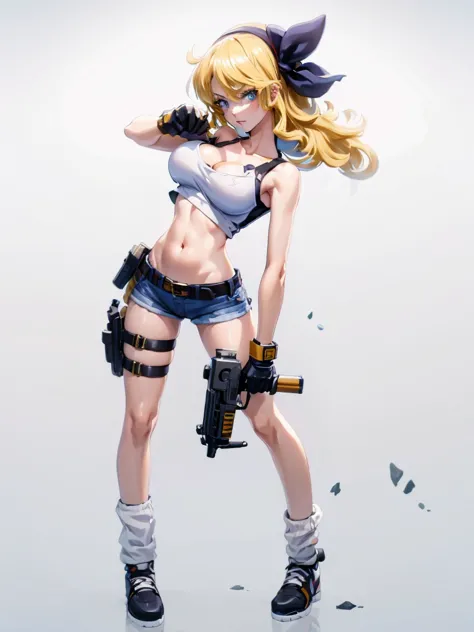 1girl, solo, weapon, shorts, gloves, gun, breasts, long hair, midriff, crop top, fingerless gloves, navel, shoes, full body, cur...