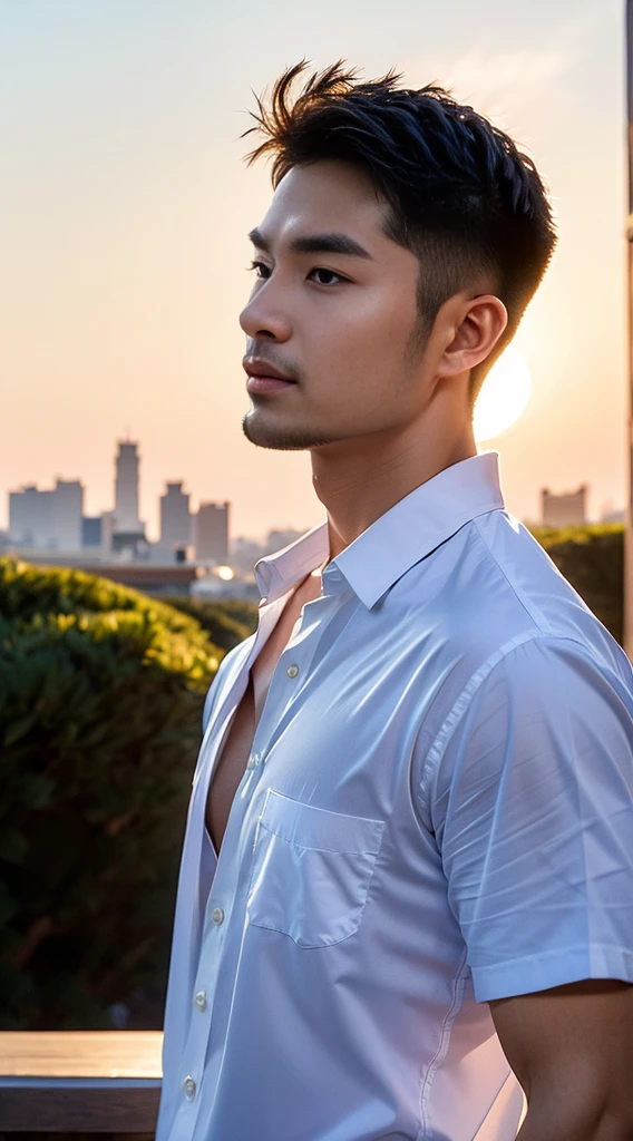 (realistically, Masterpiece, High resolution 8K, good light quality, Portrait, closed on face, complicated details), The most handsome Korean uncle., Beard，Age 40, Staring at desire, detailed face, Detailed eyes, look at the sky, shirt, suit lac suit，tick,黑Eyes, (Pale skin), body standards,brown hair, smooth hair,Big Back， Outdoor activities, evening, sunset,office room, Exaggerated, impersonal