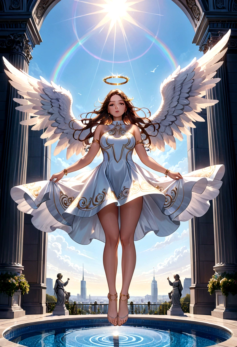 beautiful busty Angel, Wearing a gorgeous dress that covers the whole body, luxurly gawn,Floating in the air, angel wings, (angel ring:1.3), outdoor, detailed face, detailed eyes, detailed lips, detailed nose, detailed foot, full body shot, giga_busty