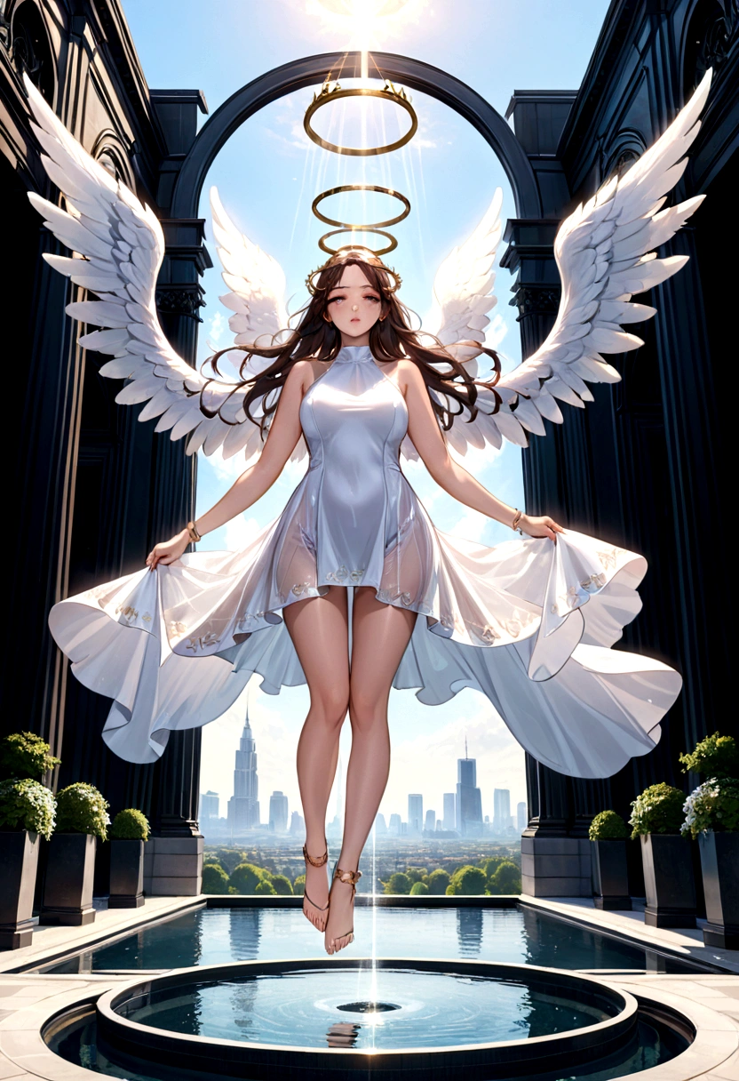 beautiful busty Angel, Wearing a gorgeous dress that covers the whole body, luxurly gawn,Floating in the air, angel wings, (angel ring:1.3), outdoor, detailed face, detailed eyes, detailed lips, detailed nose, detailed foot, full body shot, giga_busty