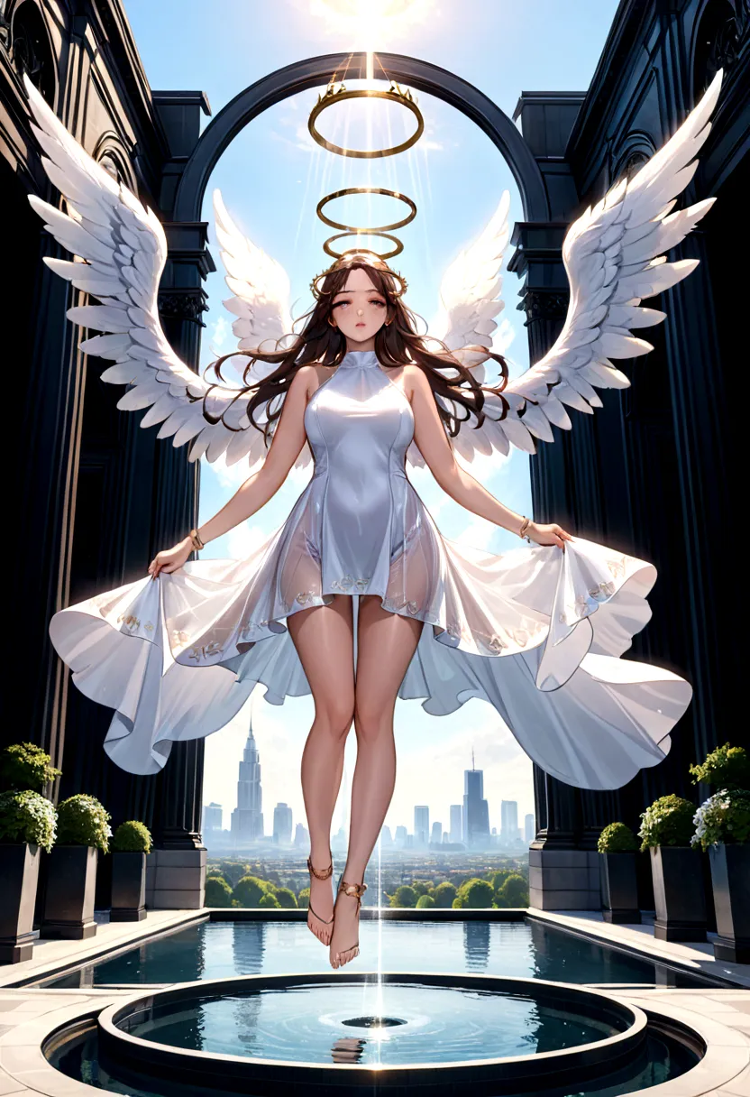 beautiful busty Angel, Wearing a gorgeous dress that covers the whole body, luxurly gawn,Floating in the air, angel wings, (ange...