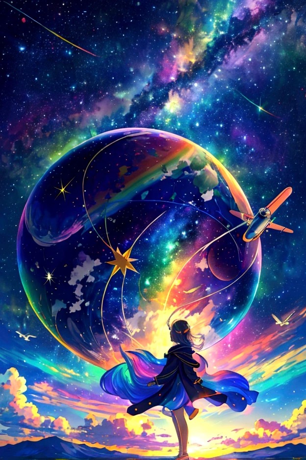 Um avião voando em um céu de arco-íris，colorida，lindas estrelas，maravilhoso景色，utopia，Uma atmosfera cheia de sonhos e esperança，obra de arte．16k, Resolução ultra-alta, Resolução ultra-alta, para nascer,maravilhoso ,futuro、iridescente、O mundo daqui a 30 anos。