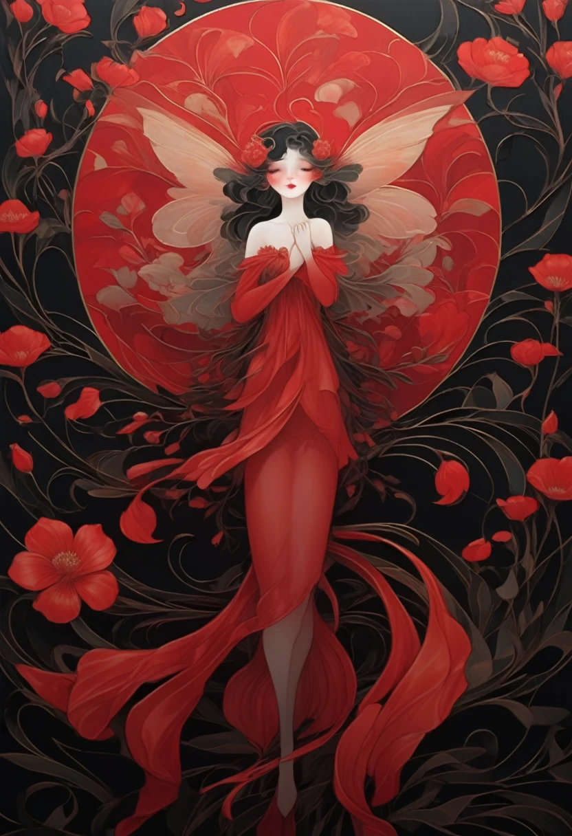 (masterpiece, best quality:1.2), 1 girl, solitary,Pretty Face，Red Fatism Art Nouveau，Illustration style，Black and red，Flowers


