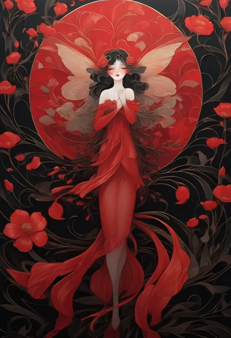 (masterpiece, best quality:1.2), 1 girl, solitary,pretty face，red fatism art nouveau，illustration style，black and red，flowers