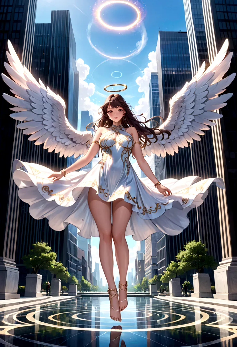 beautiful busty Angel, Wearing a gorgeous dress that covers the whole body, luxurly gawn,Floating in the air, angel wings, (ange...