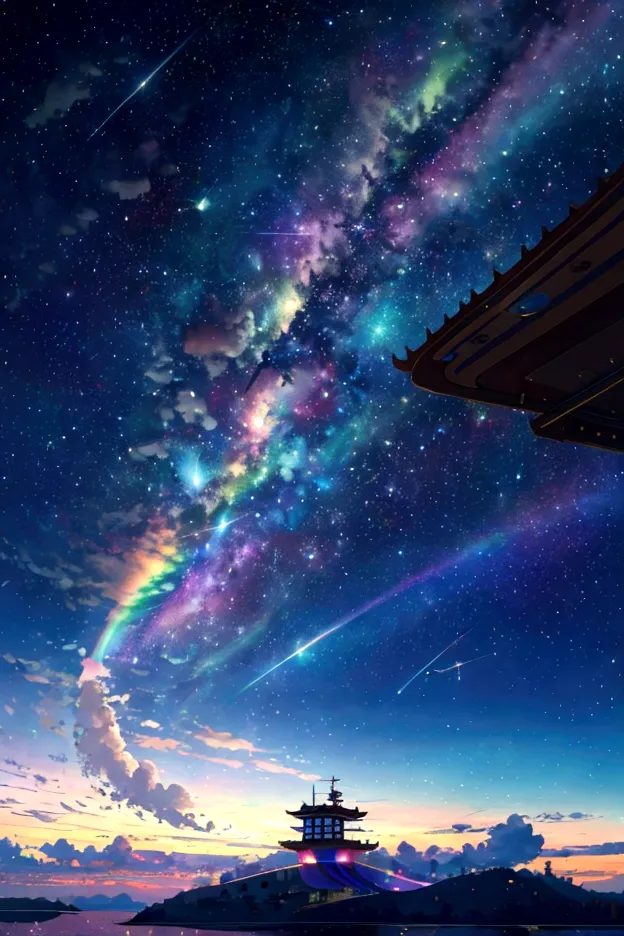 A plane flying in a rainbow sky，colorful，beauttiful stars，wonderful景色，Utopia，An atmosphere full of dreams and hope，masterpiece．1...